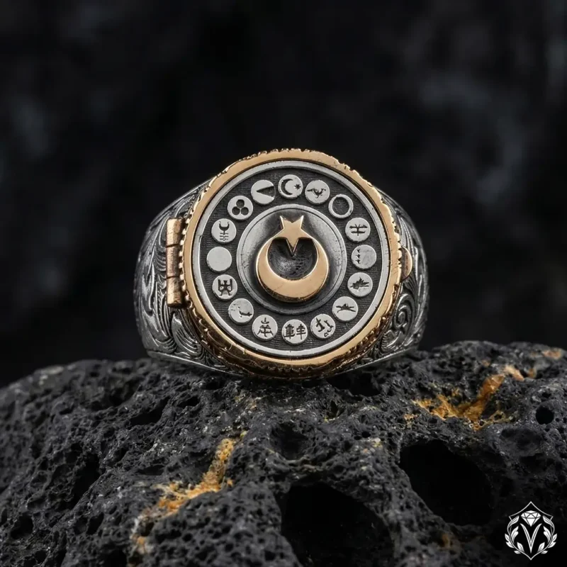 Ayet-el Kürsi ve 16 Türk Devleti Kapaklı Gümüş Yüzük