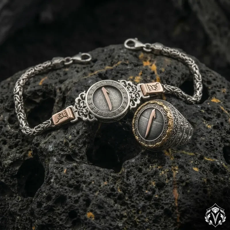 Elif Harfli Kişiye Özel Arapça İsimli Gümüş Bileklik ve Yüzük Seti