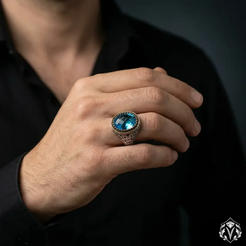 Aqua Taşlı Gravürlü Gümüş Yüzük