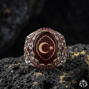 Ayyıldız İşlemeli Kırmızı Kehribar Gümüş Yüzük Modeli