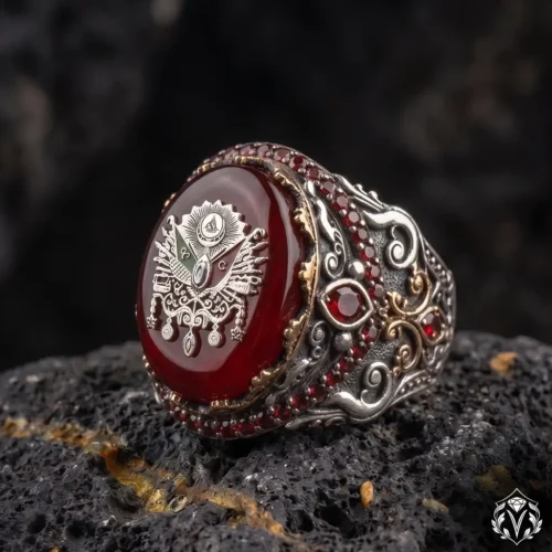 Osmanlı Arması İşlemeli Kırmızı Kehribar Gümüş Yüzük