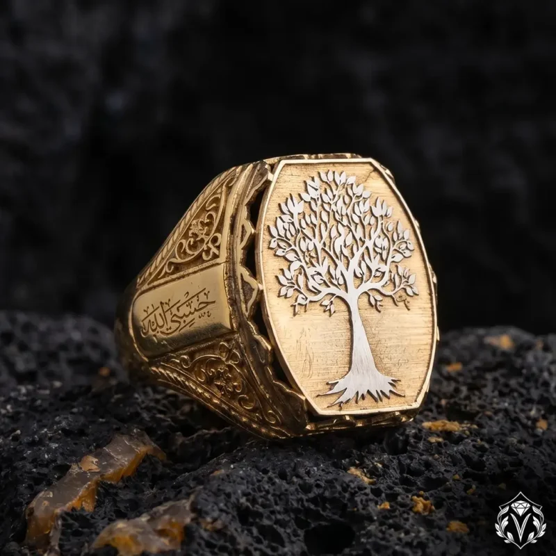 Altın Kaplama Hayat Ağacı Gümüş Yüzük Modeli