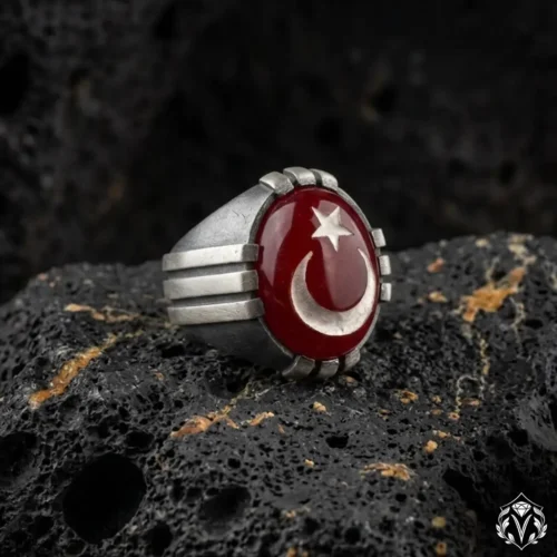 Ayyıldız Kırmızı Taşlı Gümüş Yüzük Modeli