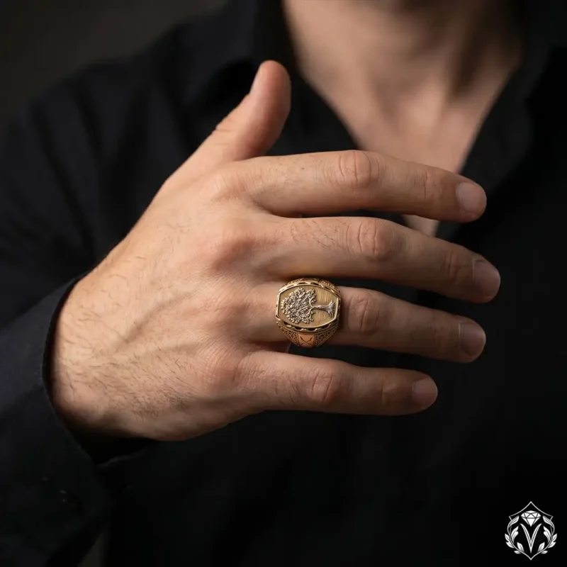 Altın Kaplama Hayat Ağacı Gümüş Yüzük Modeli