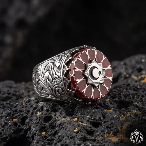 Ayyıldız Kırmızı Taşlı Gümüş Yüzük Modeli