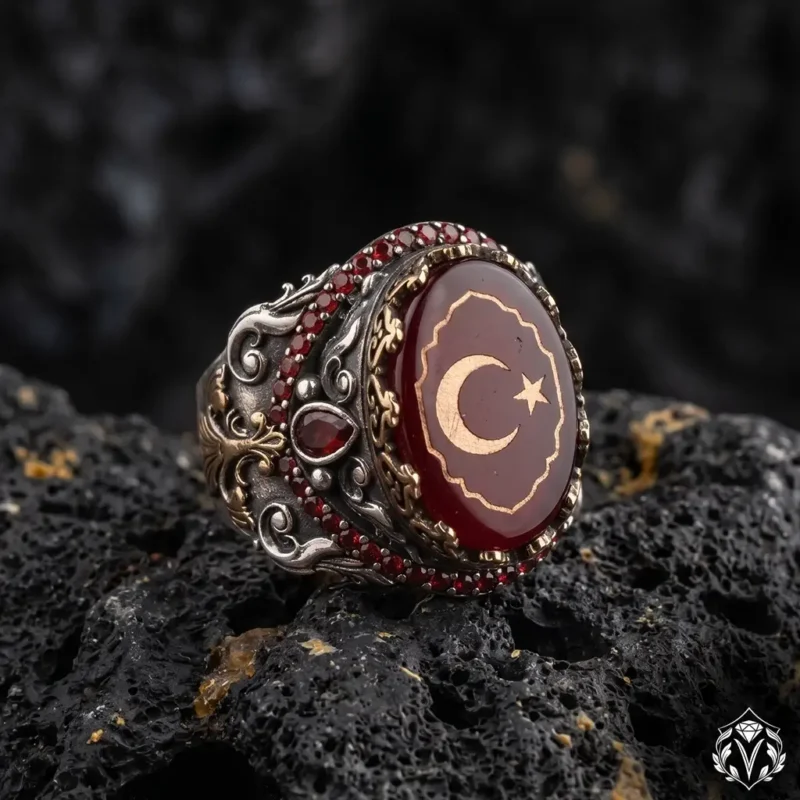 Ayyıldız İşlemeli Kırmızı Kehribar Gümüş Yüzük Modeli