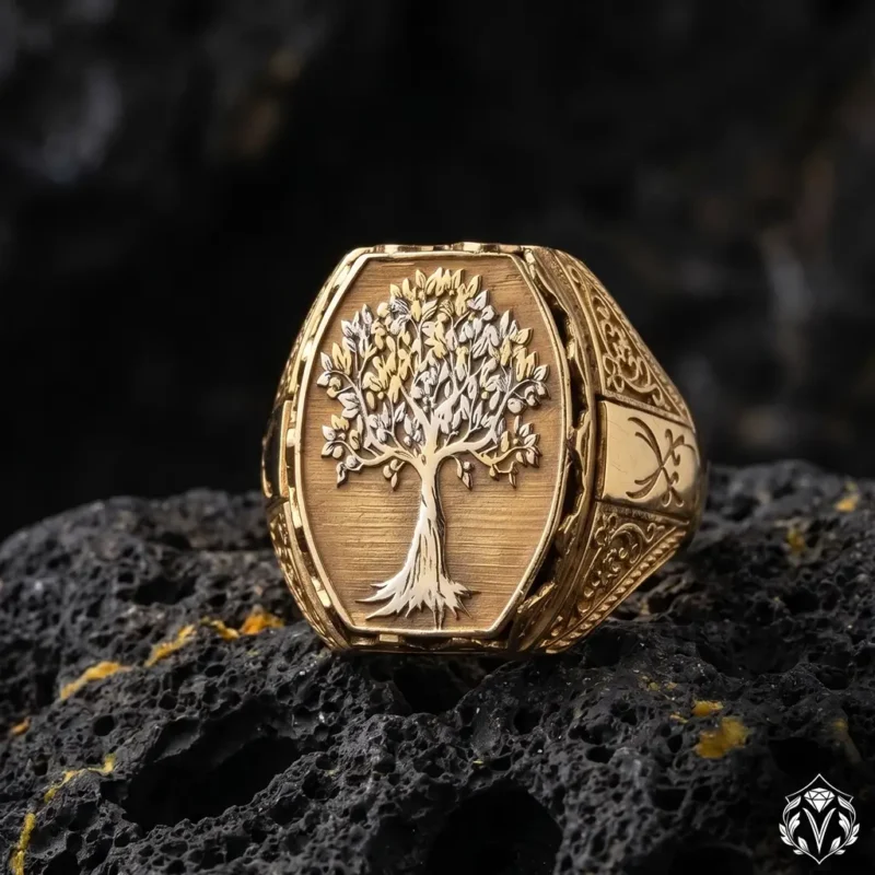 Altın Kaplama Hayat Ağacı Gümüş Yüzük Modeli