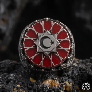 Ayyıldız Kırmızı Taşlı Gümüş Yüzük Modeli