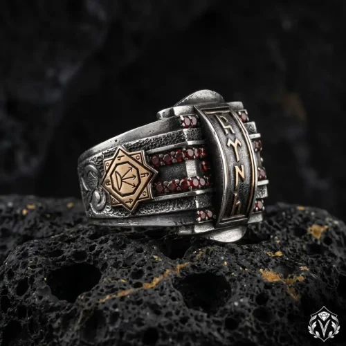 Göktürkçe Türk Yazılı Garnet Taşlı Gümüş Yüzük Modeli