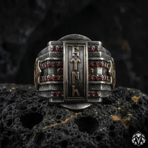 Göktürkçe Türk Yazılı Garnet Taşlı Gümüş Yüzük Modeli