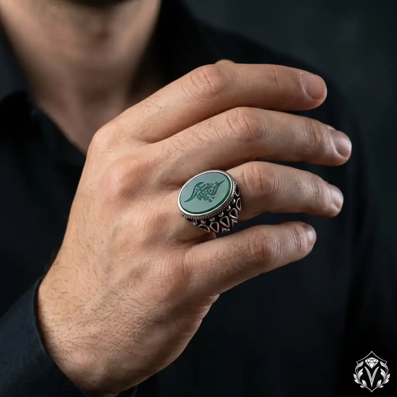 3 Tevekkül Subhanallah Yazılı Yeşil Akik Gümüş Yüzük Modeli