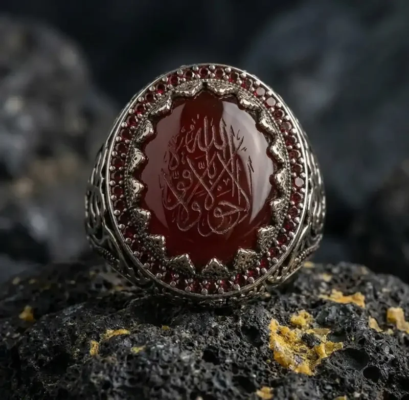 Akik Taşlı La Galibe Yazılı Gümüş Erkek Yüzüğü