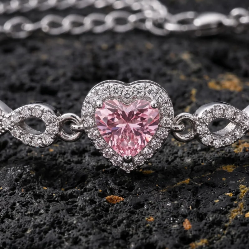 vegablklk (1) Tamtur Sonsuzluk ve Pembe Kalp Kadın Gümüş Bileklik Modeli
