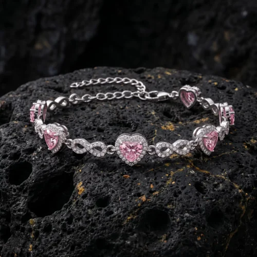vegablklk (3) Tamtur Sonsuzluk ve Pembe Kalp Kadın Gümüş Bileklik Modeli