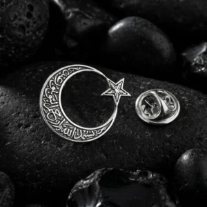 Kelime-i Tevhid Yazılı Ay Yıldızlı Gümüş Rozet