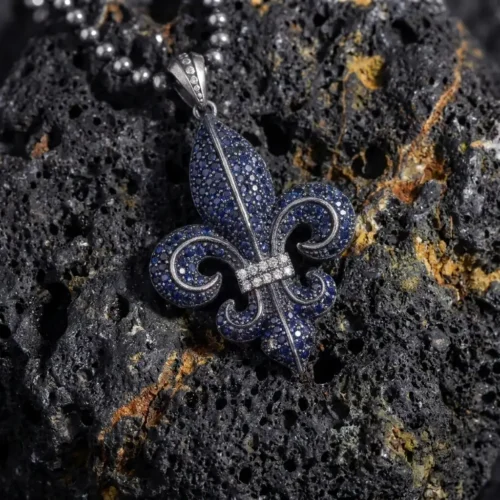 Fleur de Lis Sembolü Pave Kolye Zincir 3 mm 65 cm Lacivert Erkek Kolye Modeli