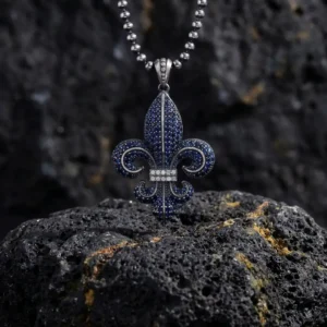 Fleur de Lis Sembolü Pave Kolye Zincir 3 mm 65 cm Lacivert Erkek Kolye Modeli