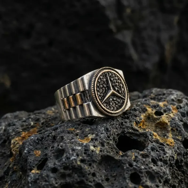 Mercedes Logolu Rolex Kordon Gümüş Erkek Yüzük