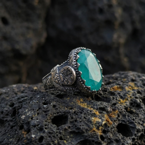 yüüzk (2) Paraiba Taşlı Gravürlü Aqua Gümüş Yüzük Modeli